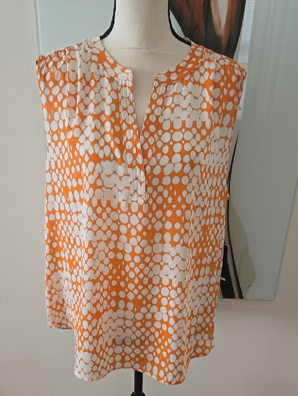 DKNY Orange and White Sleeveless Patterned Tank